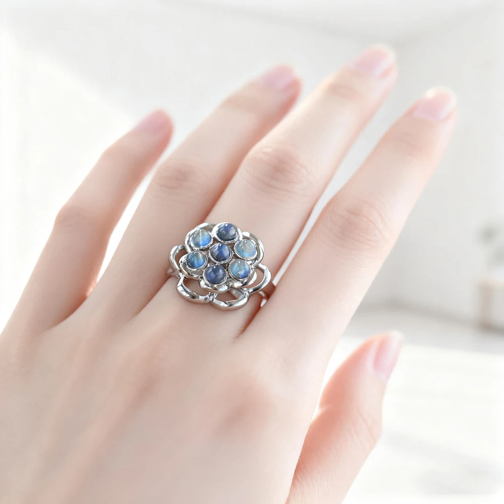 Natural Labradorite Flower Ring for Women – Rotatable Gemstone Band