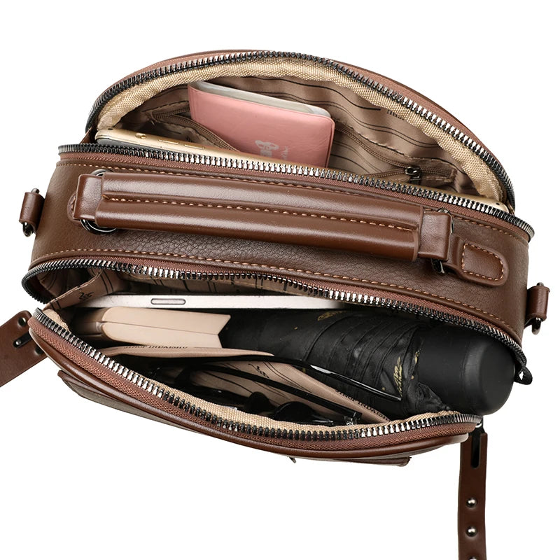 Women's Soft Leather Shoulder Bag – Large Capacity Three-Layer Crossbody Tote Handbag