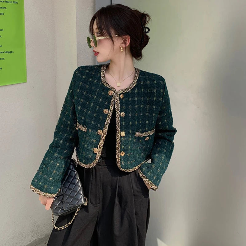 Korea New Arrive Elegant Retro Plaid Short Woolen Jackets Women Autumn Ladies Long Sleeve Metal Single Breasted Tweed Coat