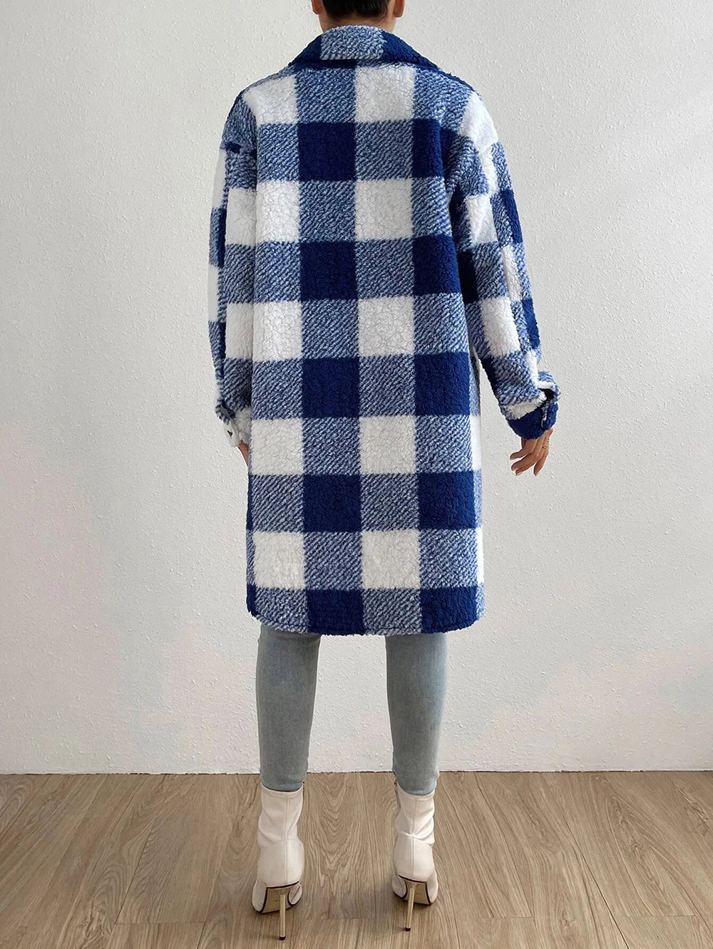 Women’s Long Plaid Fleece Coat – Button-Front Oversized Jacket with Pockets