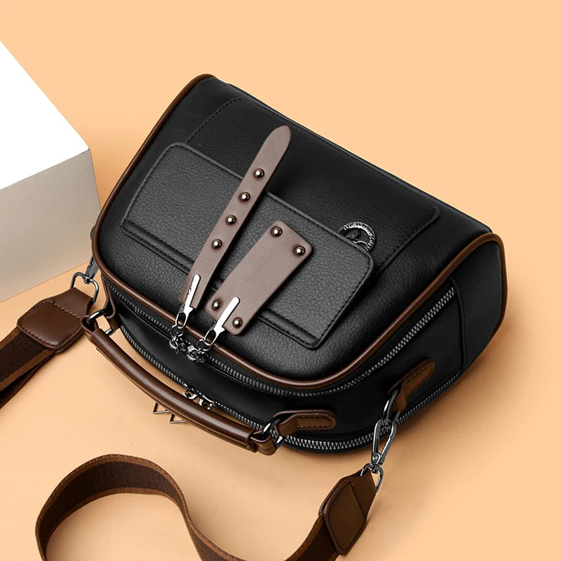 Women's Soft Leather Shoulder Bag – Large Capacity Three-Layer Crossbody Tote Handbag