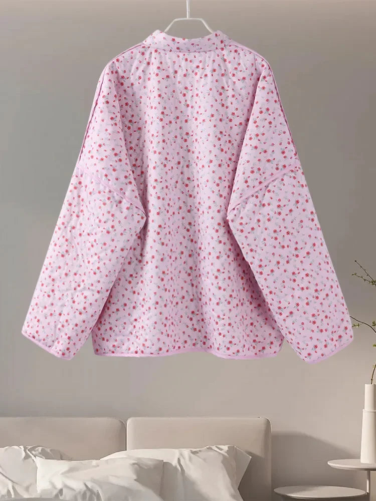 Women’s Floral Print Cardigan – Pink Lace-Up Casual Jacket