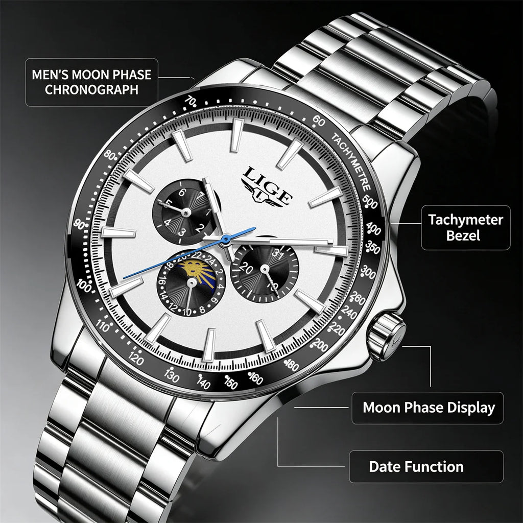 LIGE Men Luxury Business Watches Quartz Watch Luminous Calendar Moon phase Man Watch gifts for man reloj Montre pour hommes