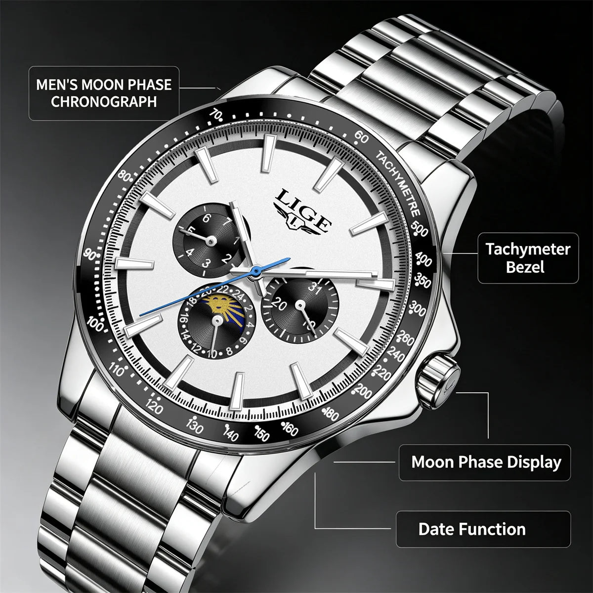LIGE Men Luxury Business Watches Quartz Watch Luminous Calendar Moon phase Man Watch gifts for man reloj Montre pour hommes