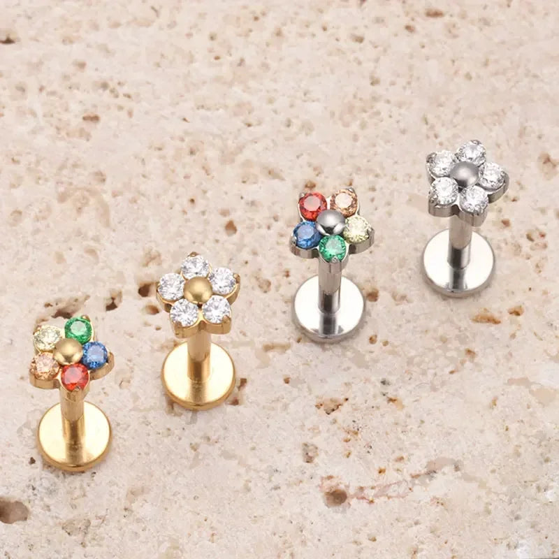 G23 Titanium Colorful Flower Piercing – CZ Heart & Snowflake Cartilage Jewelry