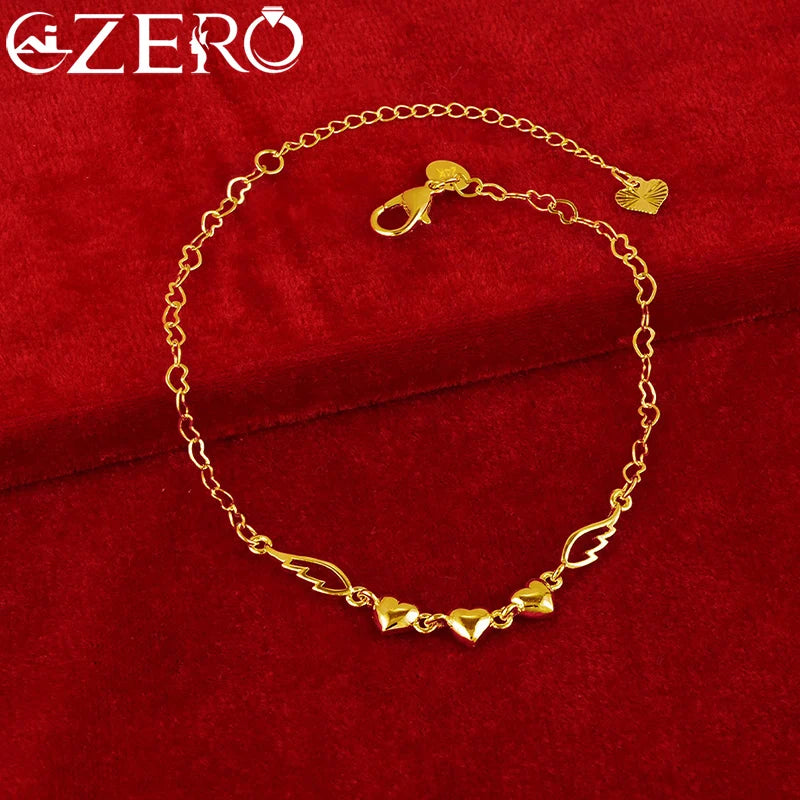 925 Sterling Silver Angel Wings & Three Hearts Bracelet – 18K Gold-Tone Jewelry