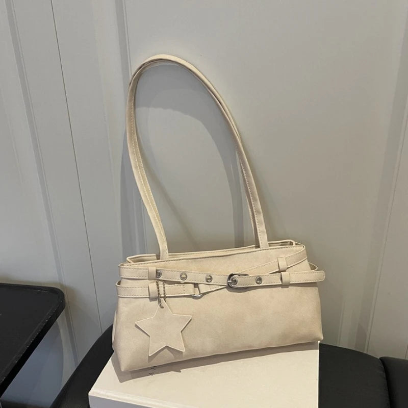 Fashion Suede Shoulder Bag for Women, Cute Five Pointed Star Pendant, Retro Y2K Tote Bag for Daily Commuter ,Simple Underarm Bag
