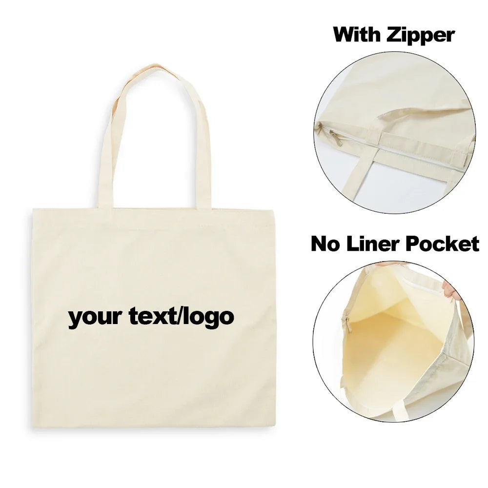 Fashion Custom Bags with Zippered Shopping Tote Bag for Women Eco Reusable Canvas Bags Black White Beige
