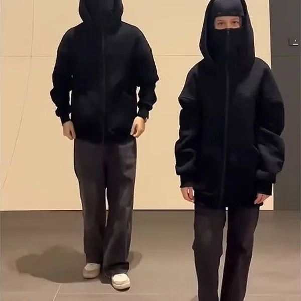 Unisex Gothic Double Hooded Sweatshirt – Y2K Harajuku Style Zip-Up Hoodie with Balaclava Mask