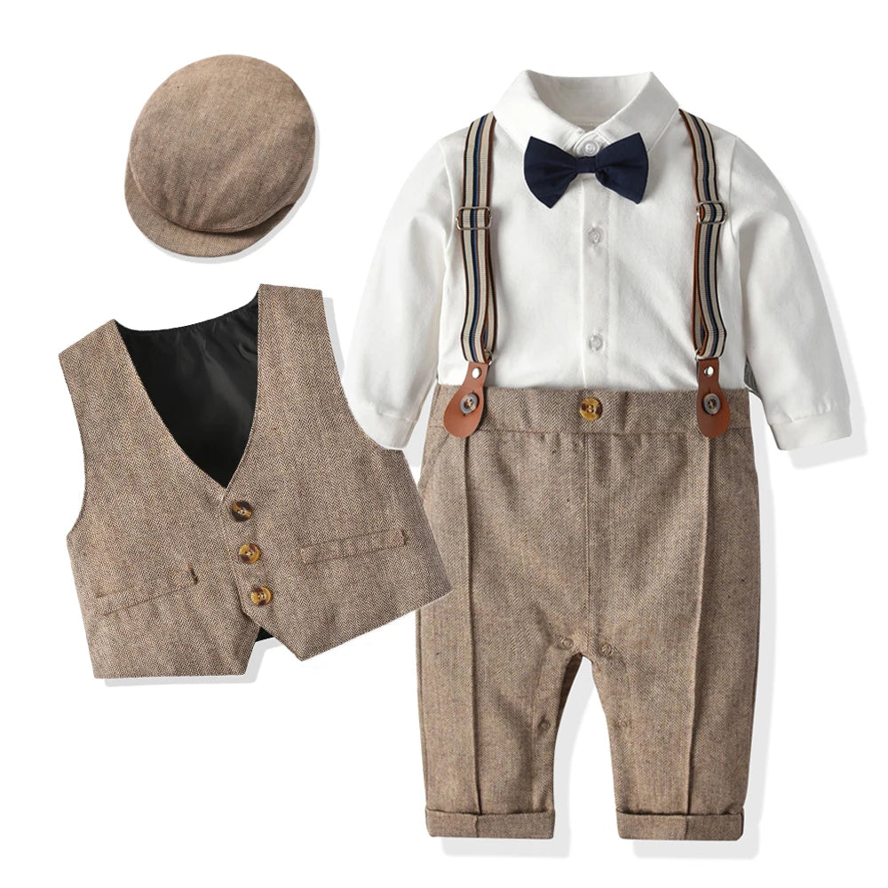 Baby Suits Newborn Boy Clothes Romper + Vest + Hat Formal Clothing Outfit Party Bow Tie Children Birthday Dress New Born 0- 3Y