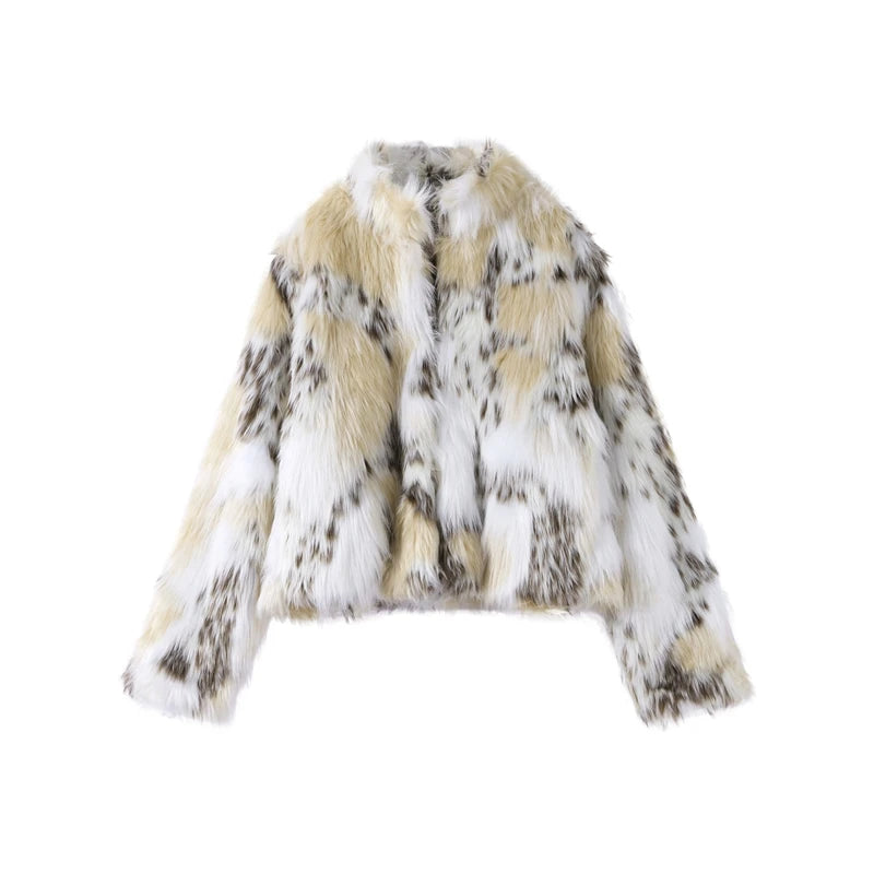 Winter Animal Print Fluffy Faux Fur Coats For Women Chic Thick Warmth Stand Collar Jacket Street Lady Long Sleeve Outerwear