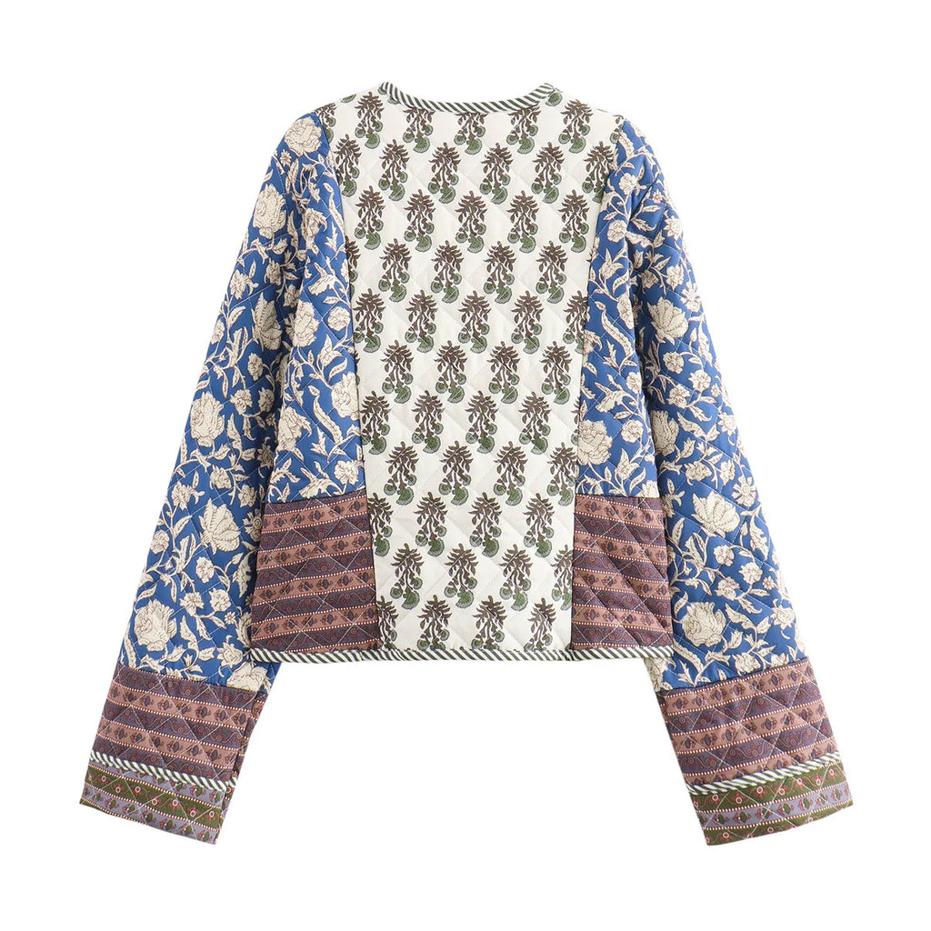 Vintage Women's Print Patchwork Cotton Jacket  Quilted Long Sleeve Loose Short Warm Coat Autumn Winter Female Outwear