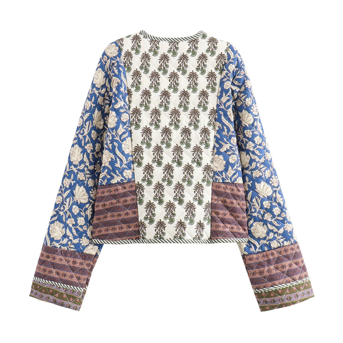 Vintage Women's Print Patchwork Cotton Jacket  Quilted Long Sleeve Loose Short Warm Coat Autumn Winter Female Outwear