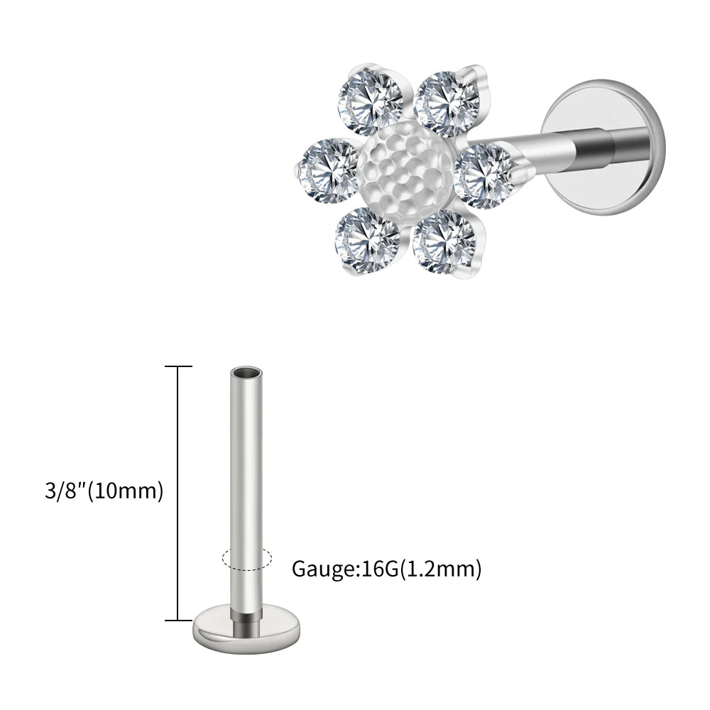 16G Titanium Sunflower Labret Stud – Mini CZ Flower Cartilage Piercing