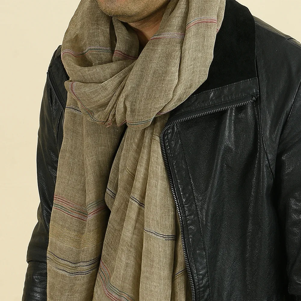 Men's Striped Long Scarf – Cotton-Linen Blend Shawl with Tassel Fringe