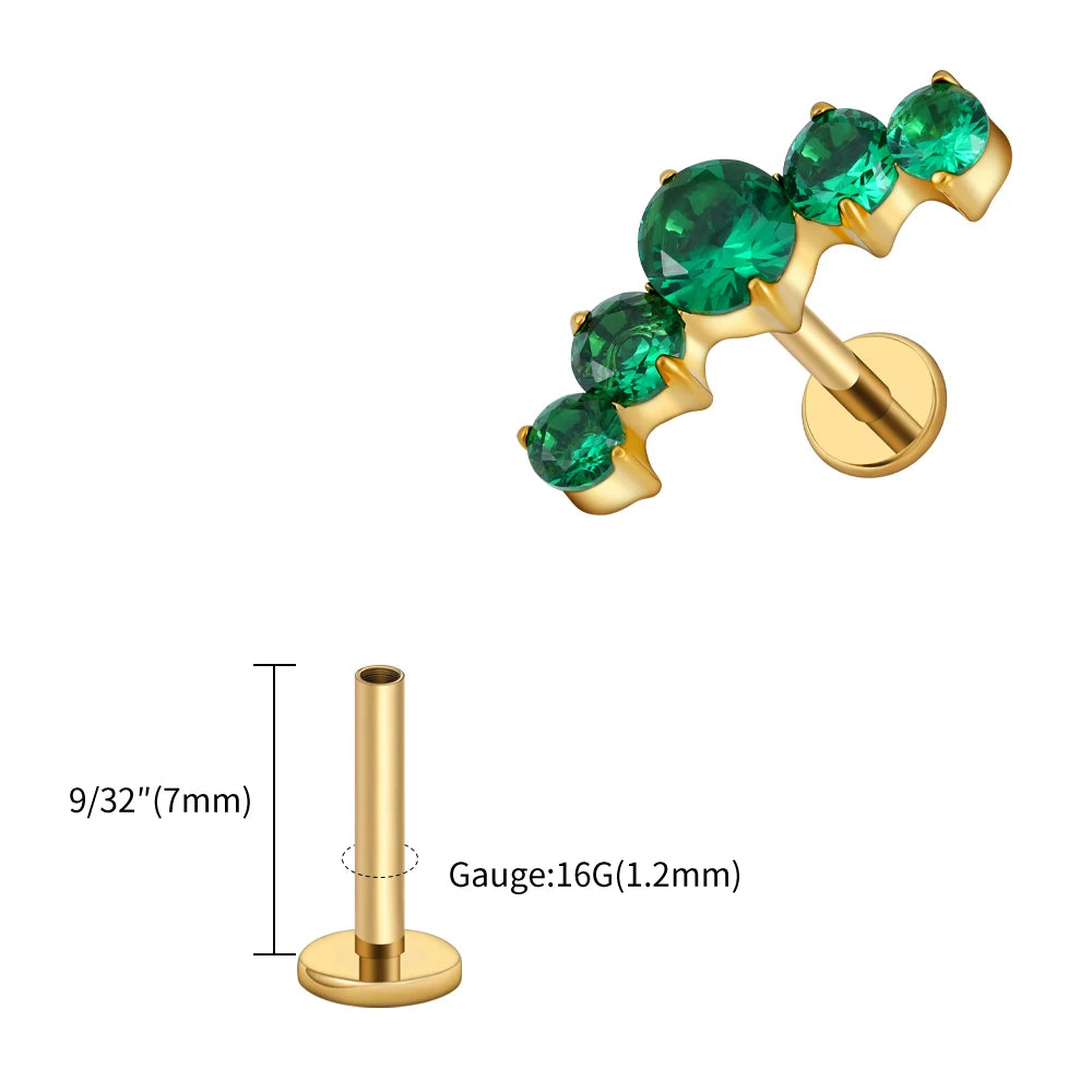 16G Titanium CZ Cluster Labret Stud – Curved Bar Flat Back Cartilage Earring
