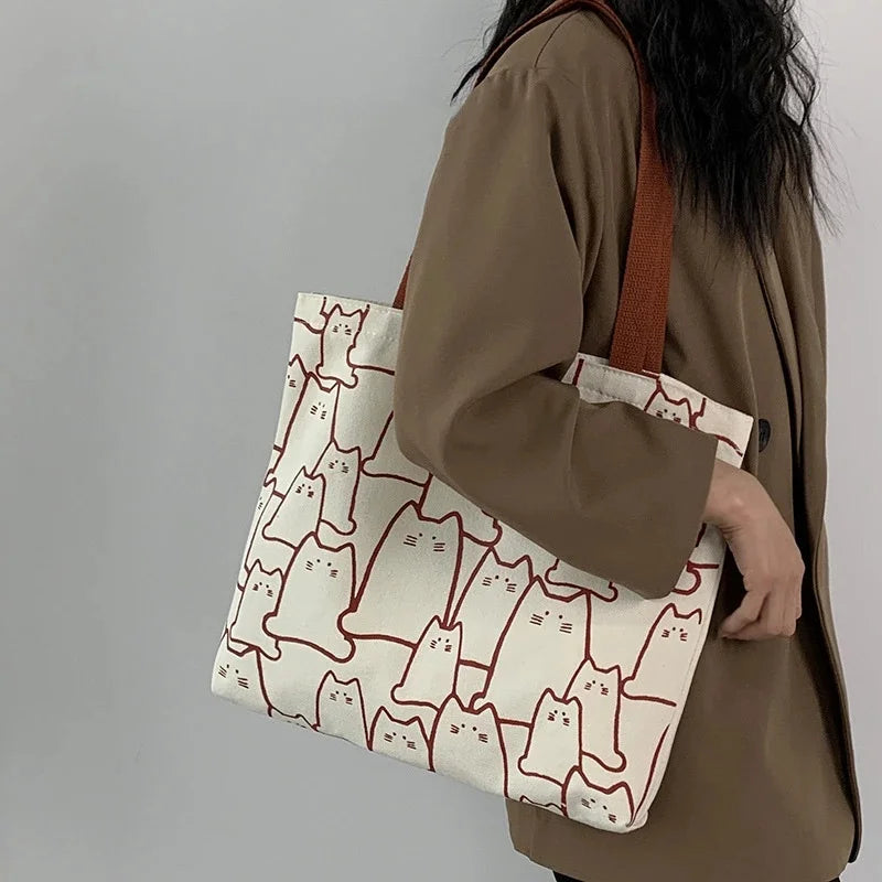 Women's Canvas Cat Tote Bag – Cute Japanese-Style Shoulder Bag with Zipper