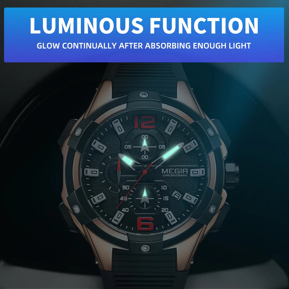 MEGIR 47MM Dial Sport Watches for Men Fashion Quartz Wristwatch Waterproof Silicone Strap Male Chronograph Clock Montre Homme