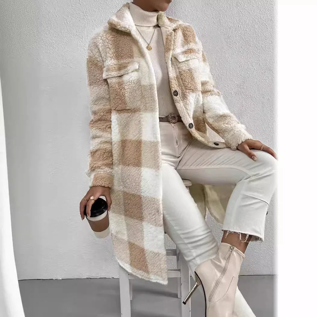 Women’s Long Plaid Fleece Coat – Button-Front Oversized Jacket with Pockets
