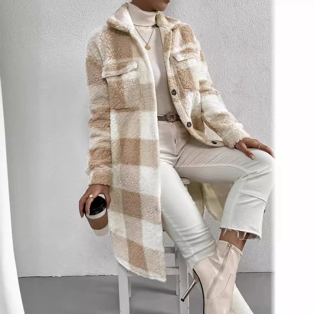 Women’s Long Plaid Fleece Coat – Button-Front Oversized Jacket with Pockets