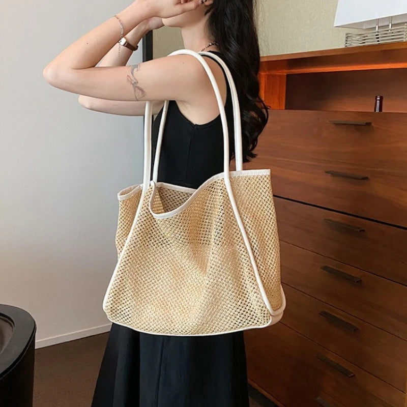 Women Summer Straw Woven Tote Bag with Small Pouch PU Trim Large Capacity Shoulder Handbags, Casual Beach Shopping Handbag Purse