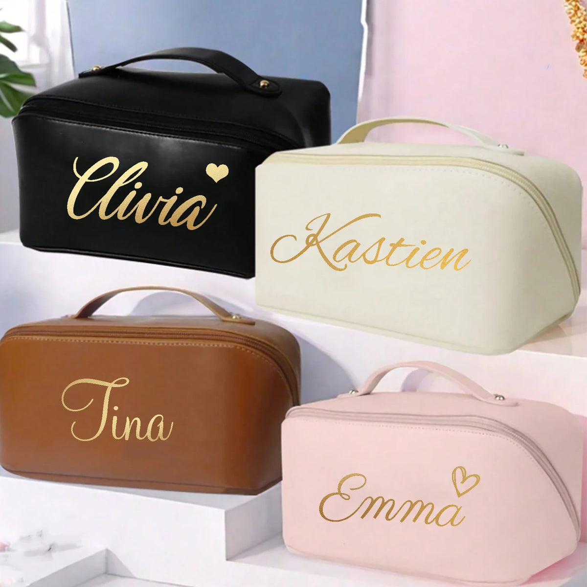 Personalized Cosmetic Bag for Women, Portable Faux Leather Makeup Pouch, Waterproof Bathroom Washbag with Name, Gift for Bridesm