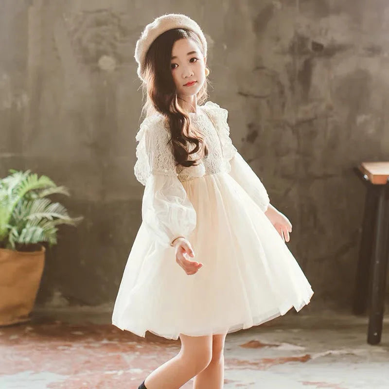 Spring Autumn Kids Girls Dresses Lantern Sleeve Lace Princess Dress Pearl Sweet O-neck Mesh Party Children's Clothing Vestidos