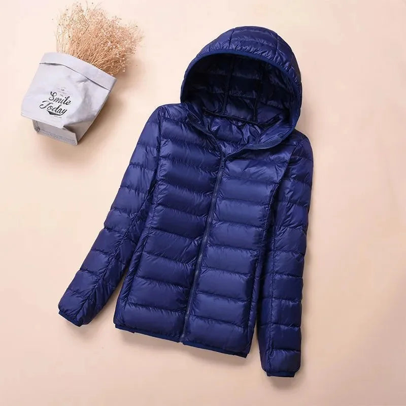 Women’s Short Puffer Jacket – Warm Hooded Coat with Stand-Up Collar