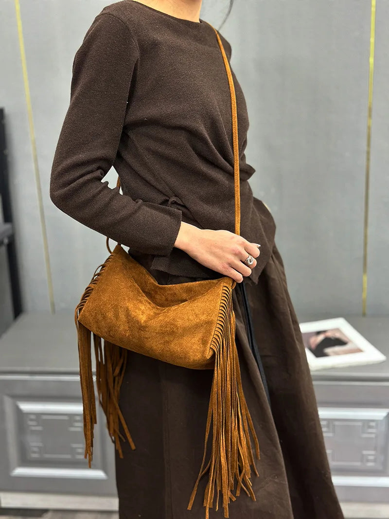 Women's Faux Suede Crossbody Bag – Vintage Tassel Shoulder Tote Bag with Large Capacity