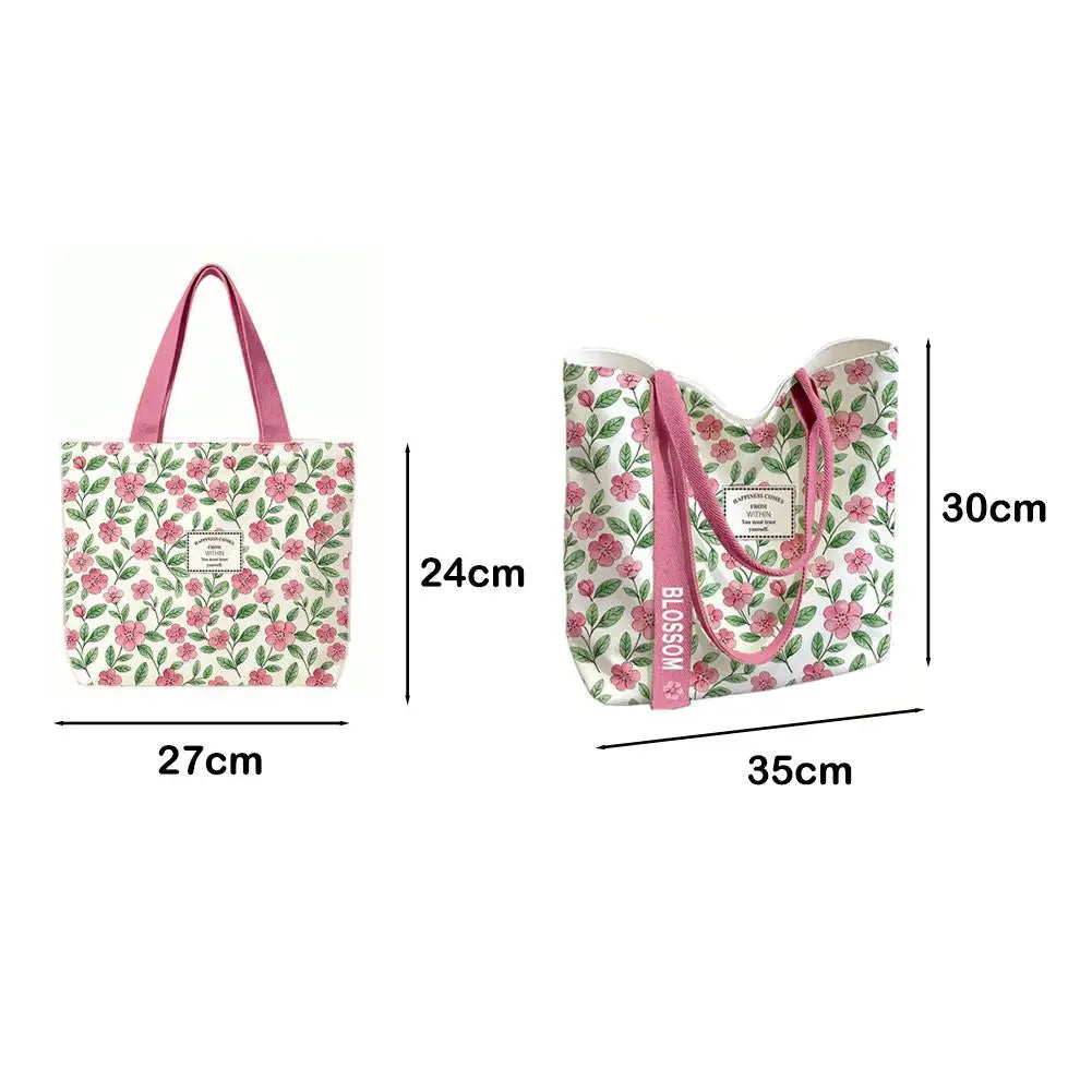 Fashion Canvas Tote Bag Open Top Large Capacity Single Shoulder Bag Floral & Lemon Print Shopping Shoulder Bag Gift
