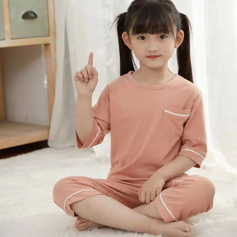Teenage Boys Girls Pajamas Summer Short Sleeved Children's Clothing Sleepwear Cotton Pyjamas Sets For Kids 8 10 12 14 16 Years