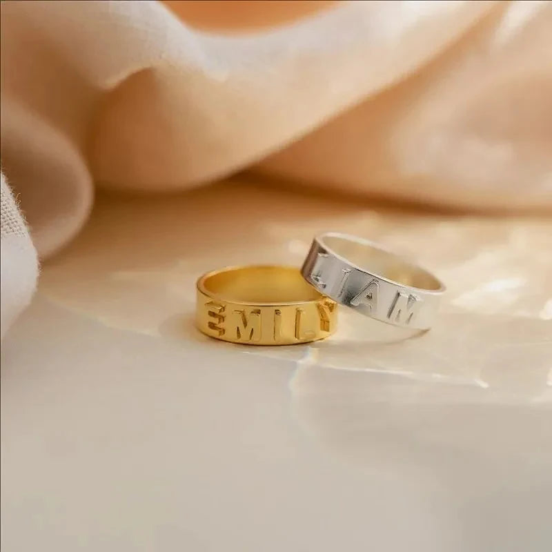 Personalized Name Ring – Custom Initial Gold-Tone Stainless Steel Ring for Couples