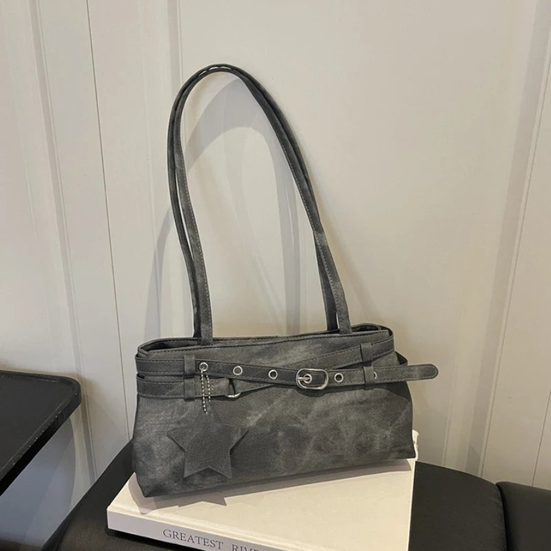 Fashion Suede Shoulder Bag for Women, Cute Five Pointed Star Pendant, Retro Y2K Tote Bag for Daily Commuter ,Simple Underarm Bag