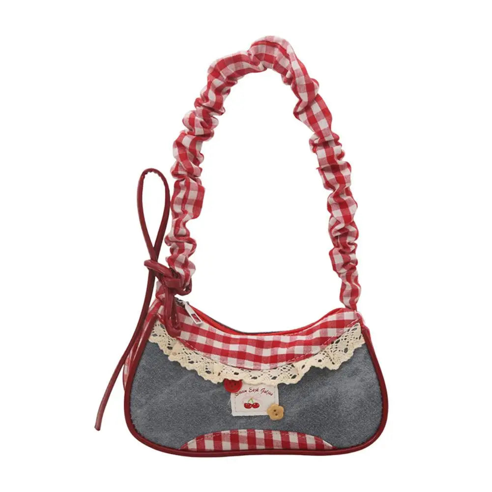 Women's Grid Shoulder Bag – Stretchable Strap Handbag with Lace Ribbon Detail