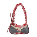 Women's Grid Shoulder Bag – Stretchable Strap Handbag with Lace Ribbon Detail