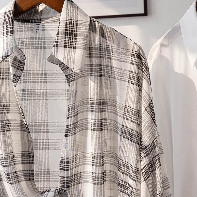 Women’s Sheer Plaid Chiffon Shirt – Oversized Button-Down Casual Blouse