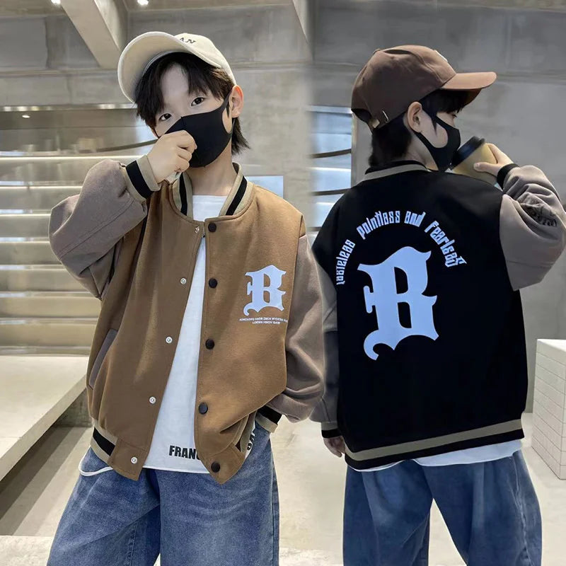 Autumn Spring Baseball Jackets Boys Girls Trends Letters Loose Casual Tops Kids Single Breasted Coats Teenager Fashion Clothing