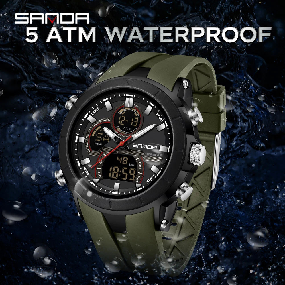 SANDA 6279 Electronic Quartz Watches for Man Dual Display Large Dial Calendar Luminous Waterproof Outdoor Sports Digital Watch