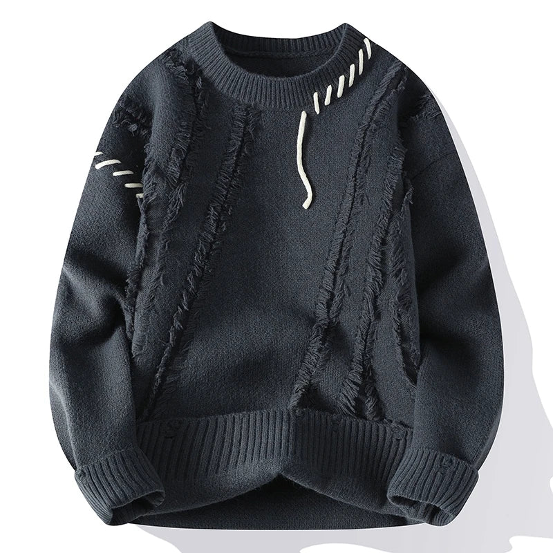 Men's Patchwork Knit Sweater – Warm Crew Neck Pullover, Korean Streetwear Style