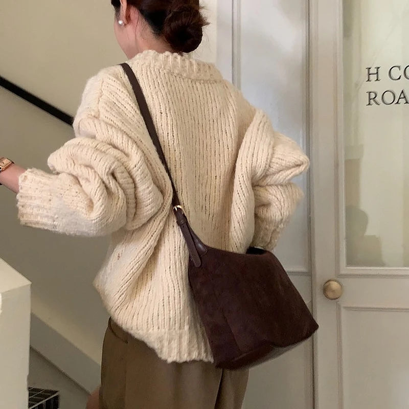Women Handbag Vintage Tote Bag Simple Casual Commuter Bag Large Capacity Faux Suede Handbag
