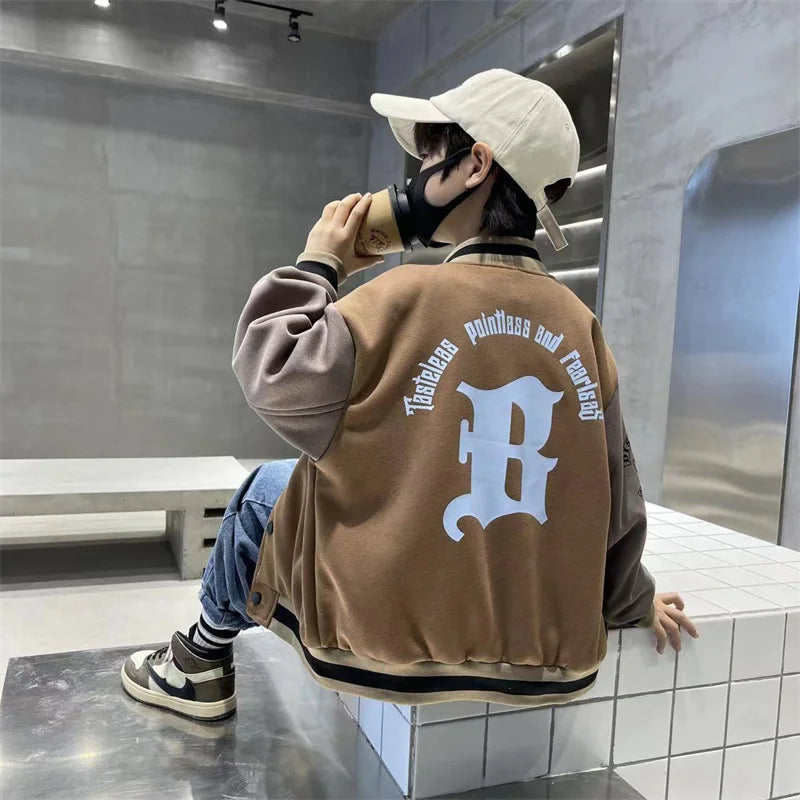 Autumn Spring Baseball Jackets Boys Girls Trends Letters Loose Casual Tops Kids Single Breasted Coats Teenager Fashion Clothing