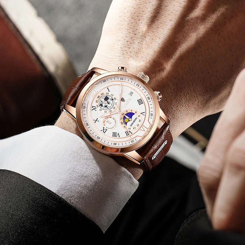 New Mens Watches LIGE Top Brand Leather Chronograph Waterproof Sport Automatic Date Quartz Watch For Men Relogio Masculino