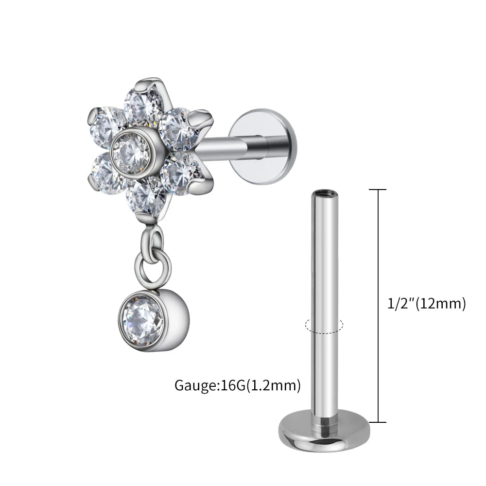 16G Titanium Flower CZ Drop Labret – Dangle Flat Back Piercing Earring