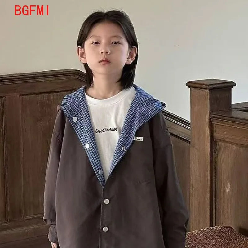 Boys Girls Outerwear Spring Autumn Double-sided Handsome for Teenage Boys Korean Student Hooded Windbreaker Children's Clothing