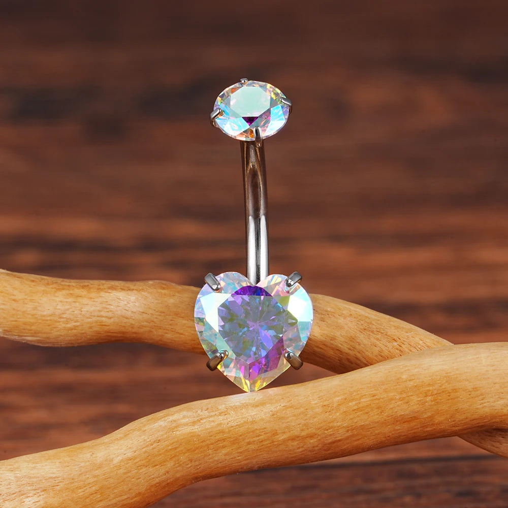14G Titanium Heart CZ Belly Button Ring – Curved Barbell Navel Piercing