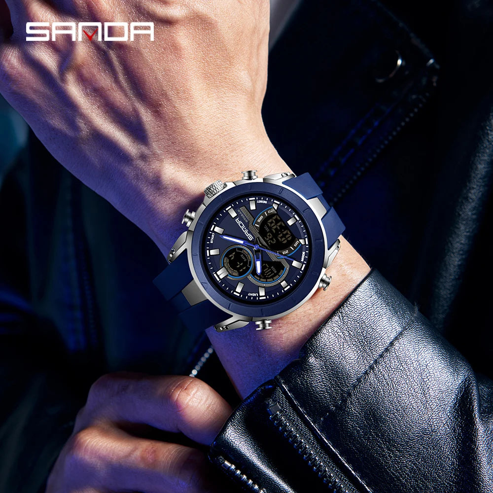 SANDA 6279 Electronic Quartz Watches for Man Dual Display Large Dial Calendar Luminous Waterproof Outdoor Sports Digital Watch