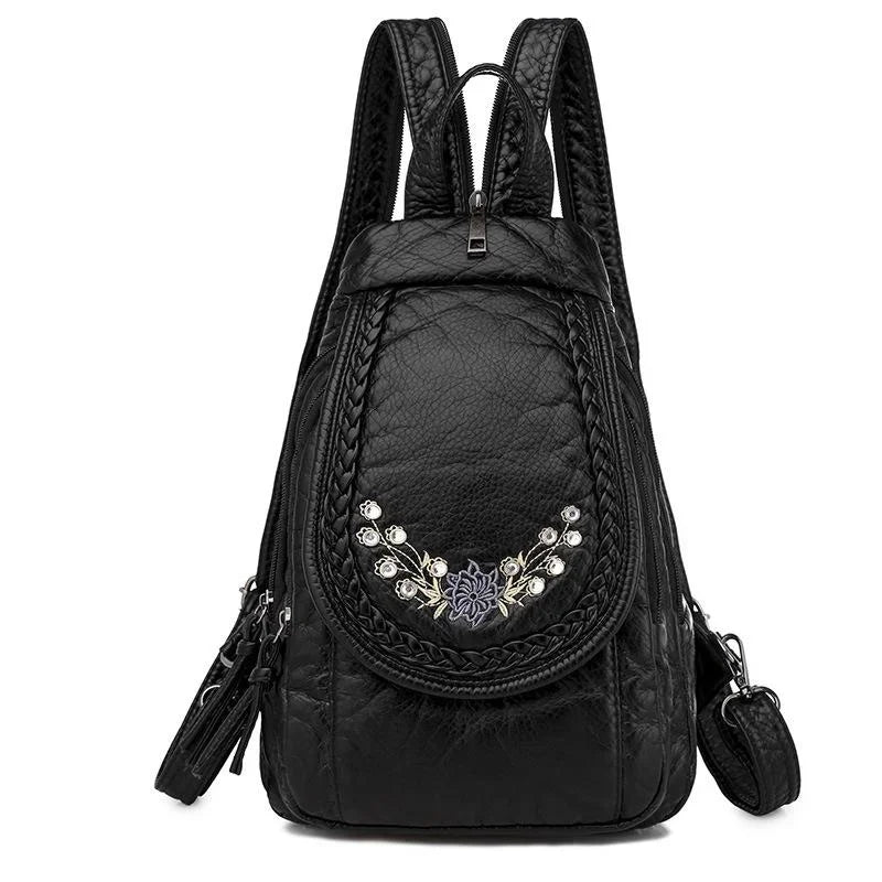 Women PU Leather Backpacks Small Travel Bag Female Soft Leather Bagpack Ladies Embroidery Backpack