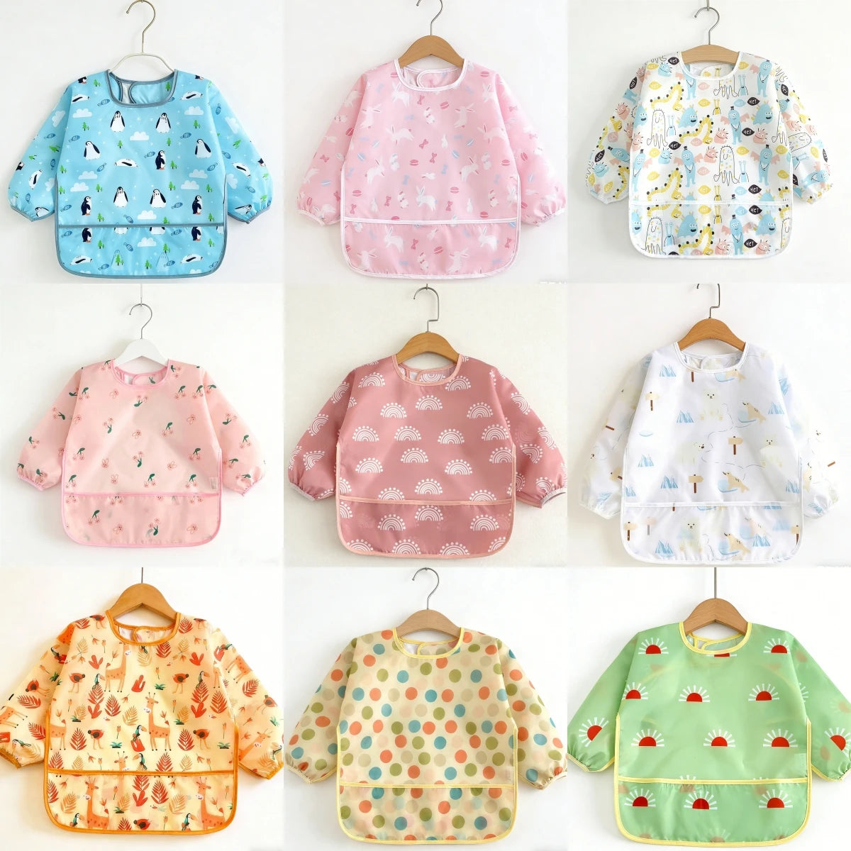 2pcs Waterproof Full Sleeve Baby Bibs Children Apron Long Sleeve Feeding Smock Kids Eating Breastplate Infant Scarf Clothing