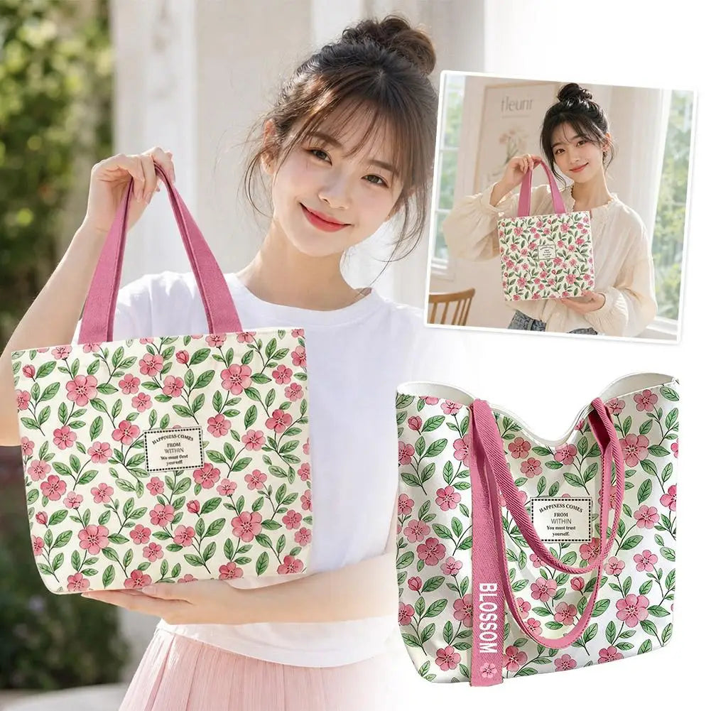 Fashion Canvas Tote Bag Open Top Large Capacity Single Shoulder Bag Floral & Lemon Print Shopping Shoulder Bag Gift