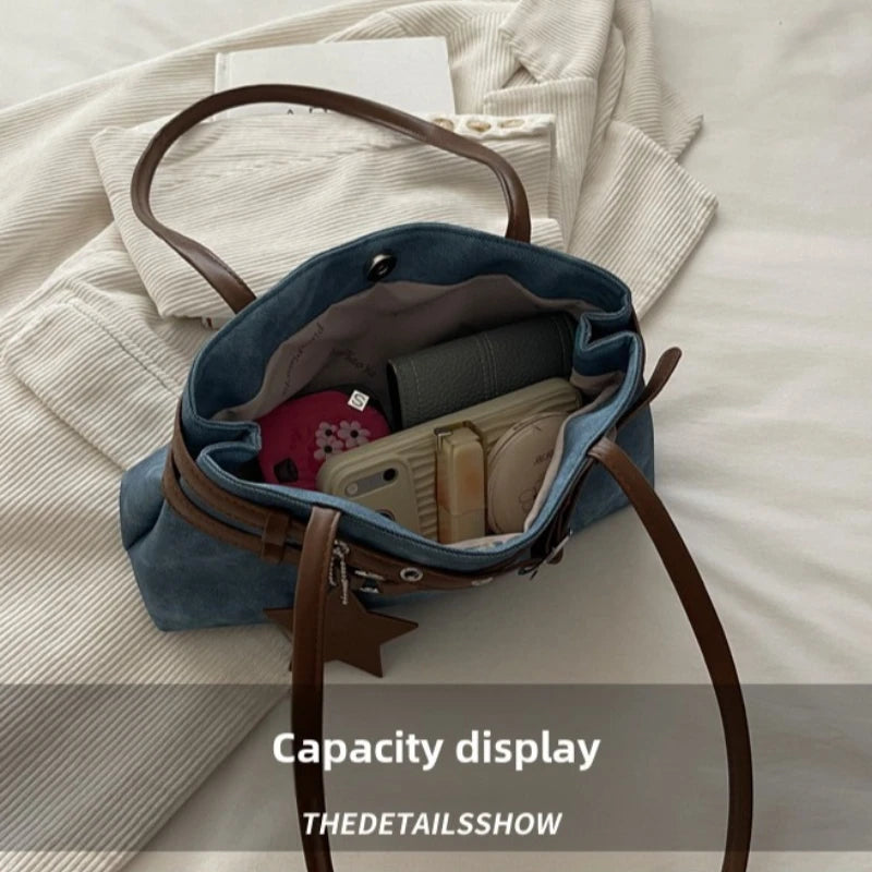 Fashion Suede Shoulder Bag for Women, Cute Five Pointed Star Pendant, Retro Y2K Tote Bag for Daily Commuter ,Simple Underarm Bag